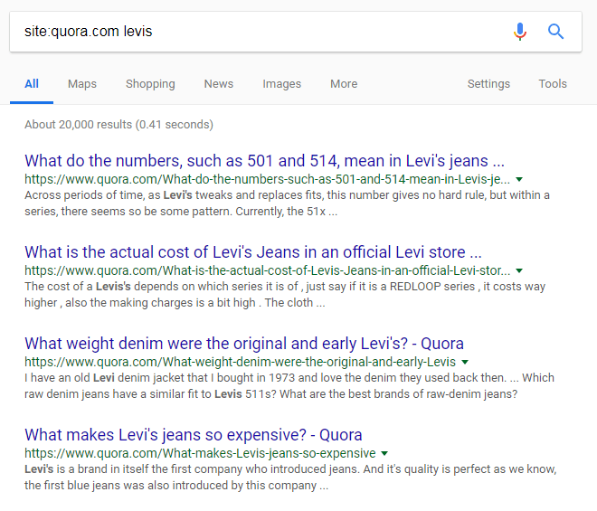 Google Search Result Page For Site:Quora.Com Levis