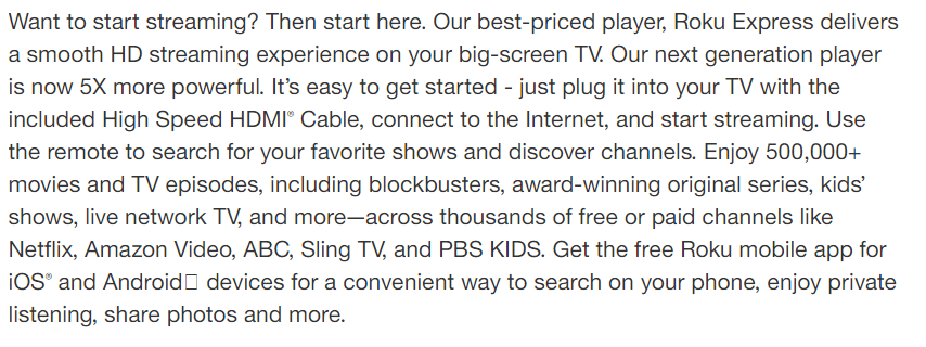 Product Descriptions of Roku Express For On The Target