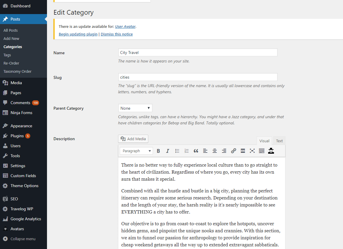 wordpress backend-edit category page