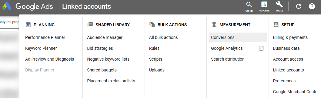 Measurement tab on Conversation in Google Ads
