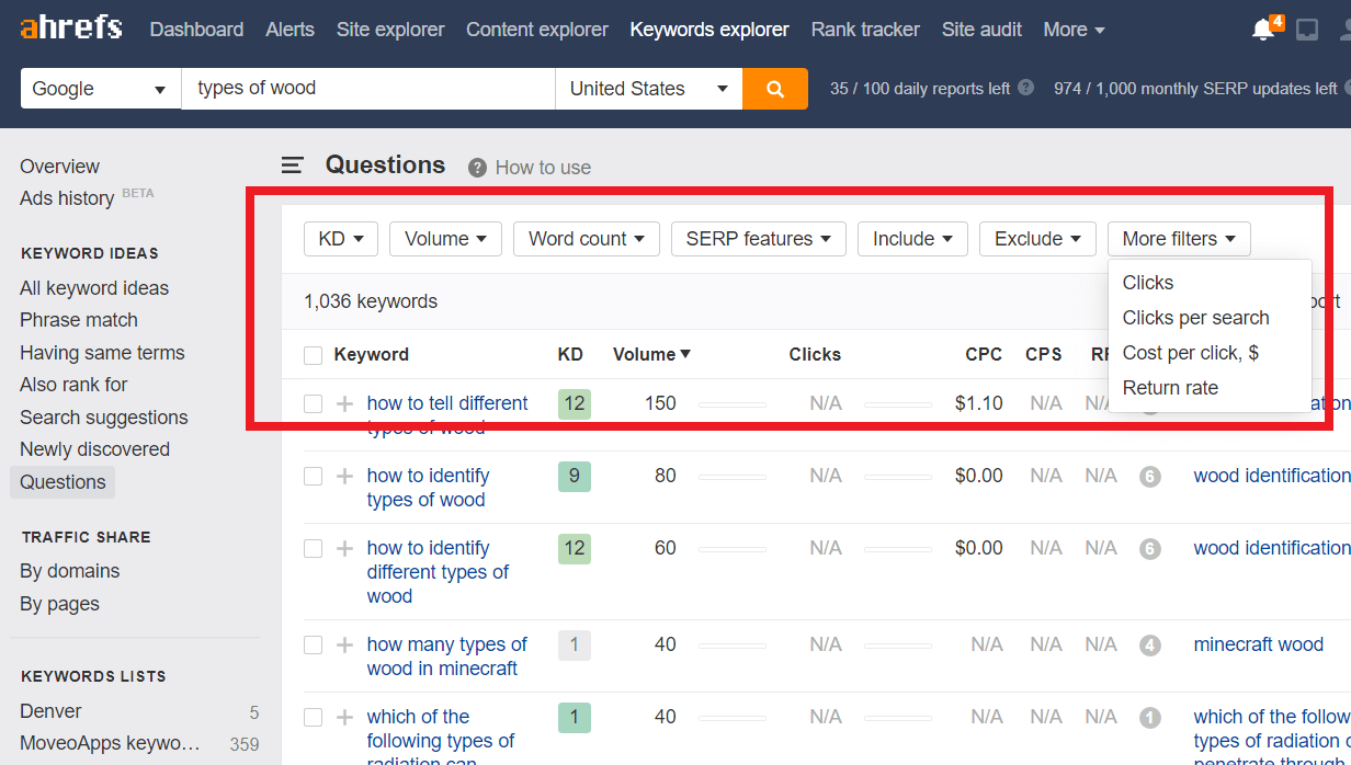 applying filters to to question keywords