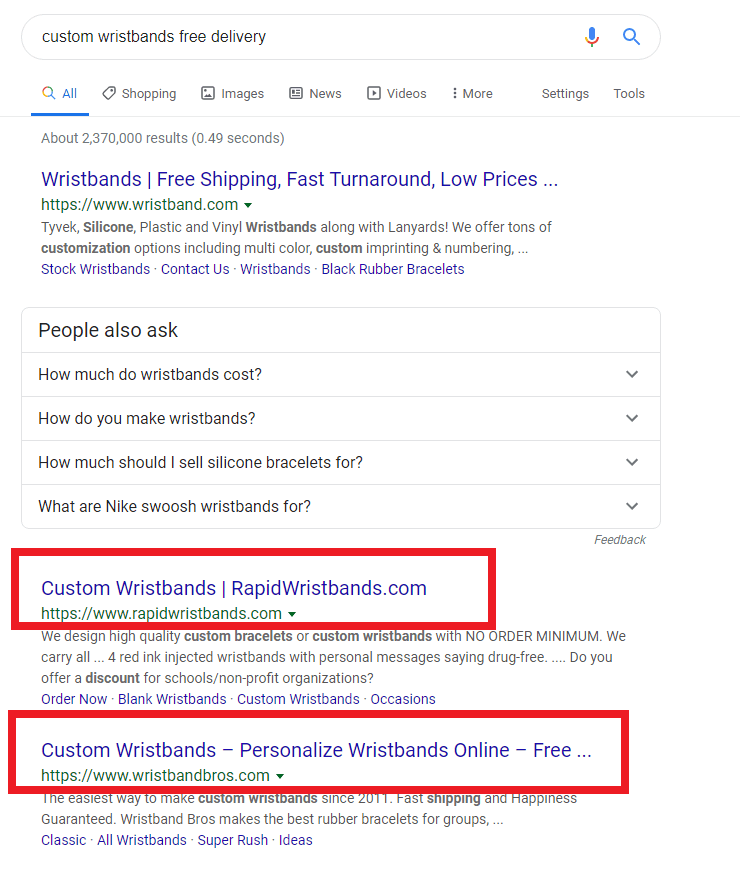 google search results for the keyword custom wristbands free delivery