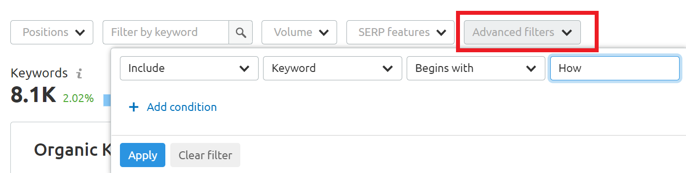 find competitors' question keywords using advanced filter