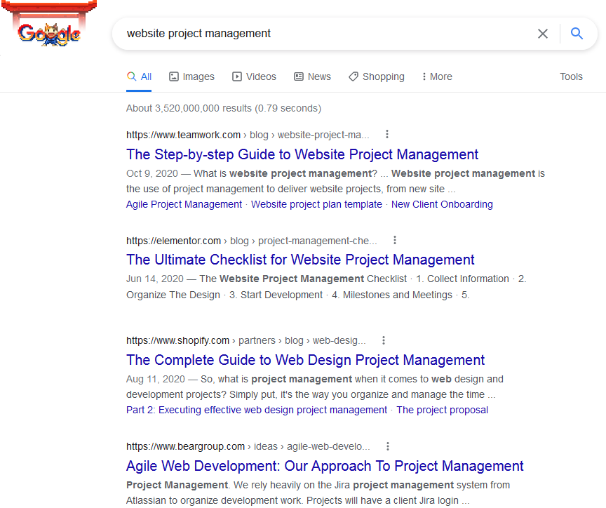 Website Project management - Google Search Result Page