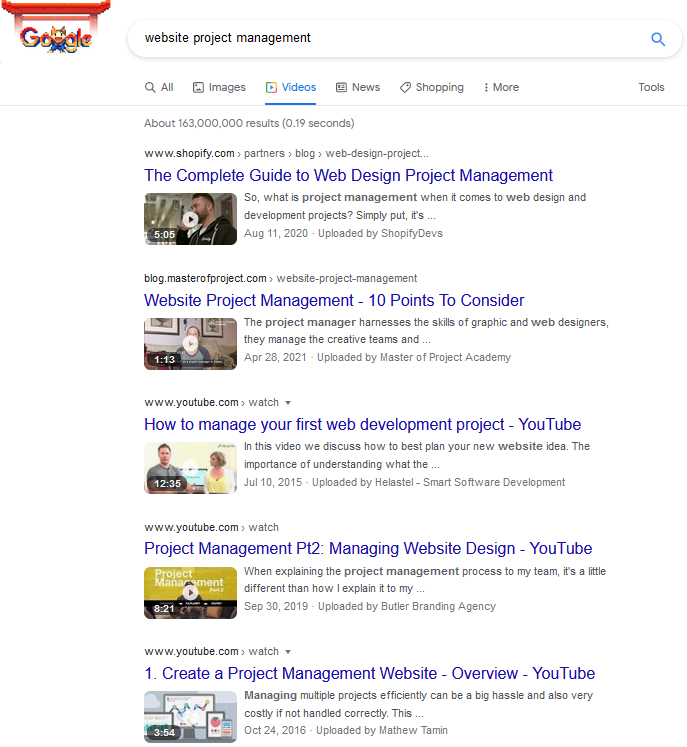 Website Project management - Google Video SERP