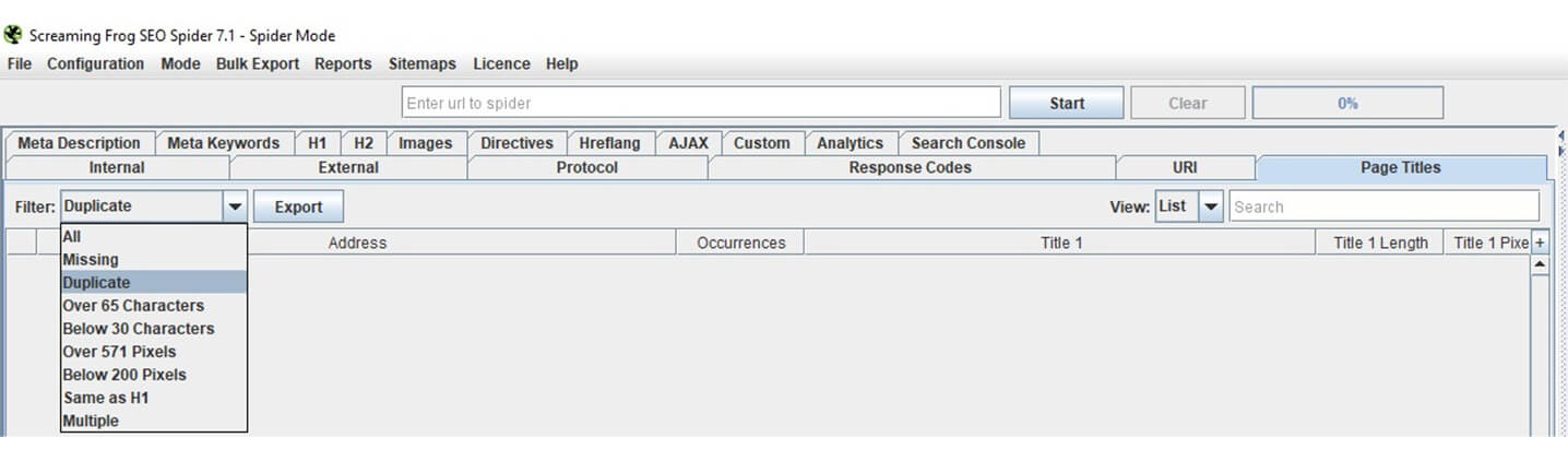 use scream frog to identify pages featuring same title tag