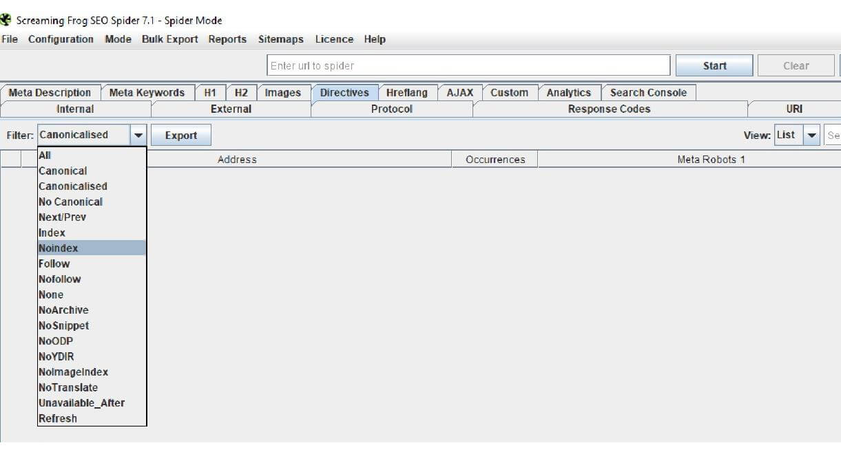 use scream from to identify pages that are noindexed