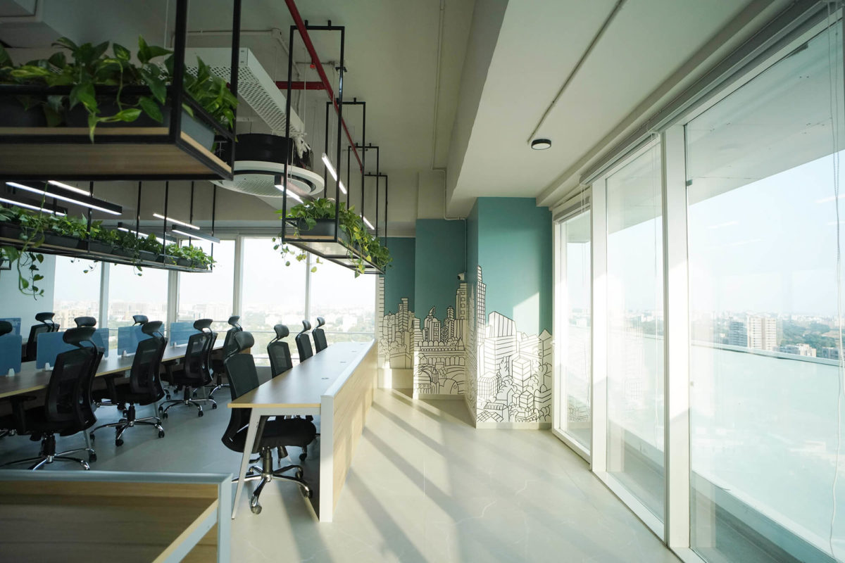 Open Floor Workstation Desks with wall painting of City Life in Front Window