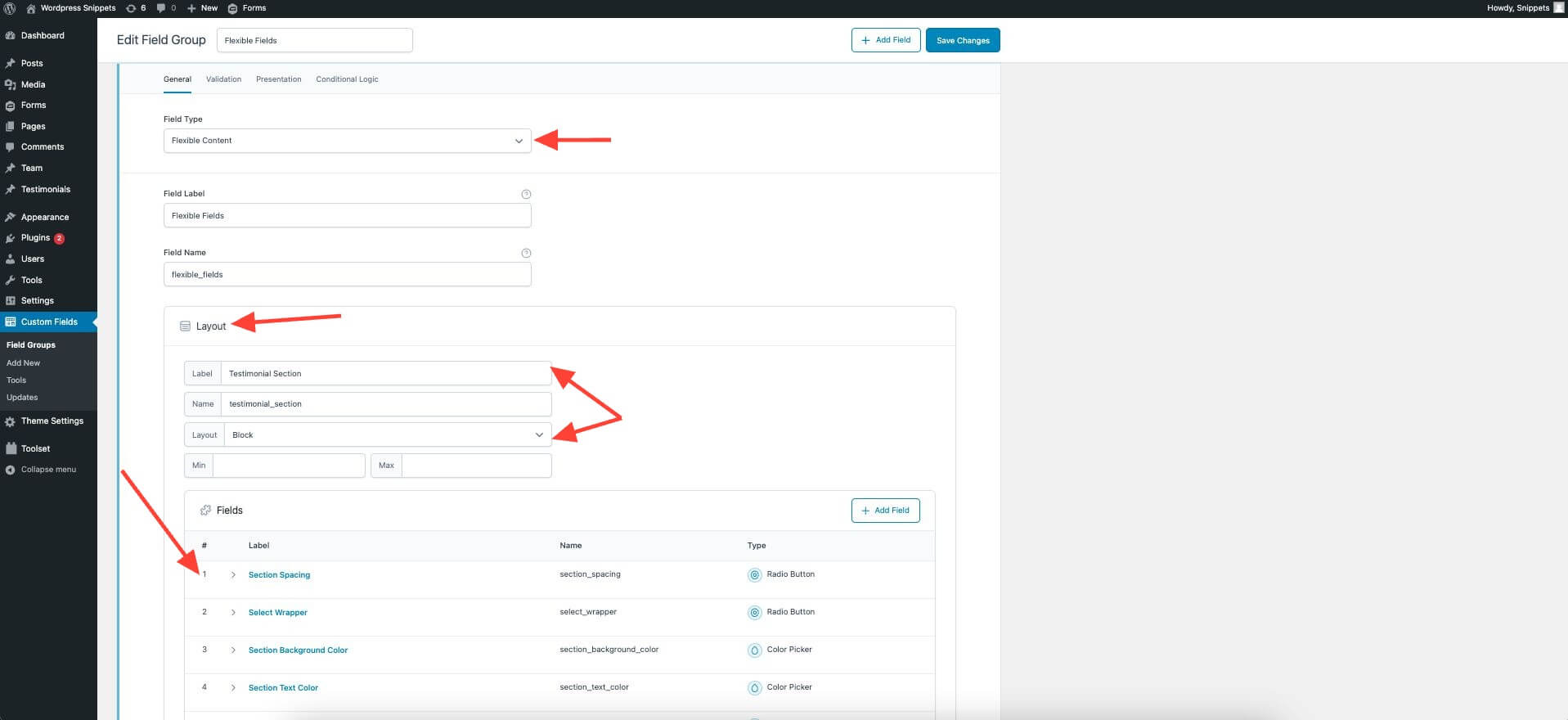 Create sections under the field