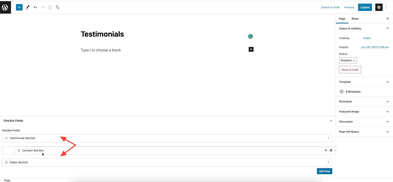 Drag-and-drop functionality to move sections