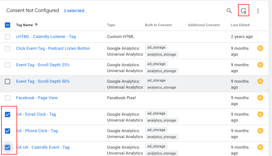 Select all the tags that are required and then click on the shield with a cog in it in the top right-hand corner 