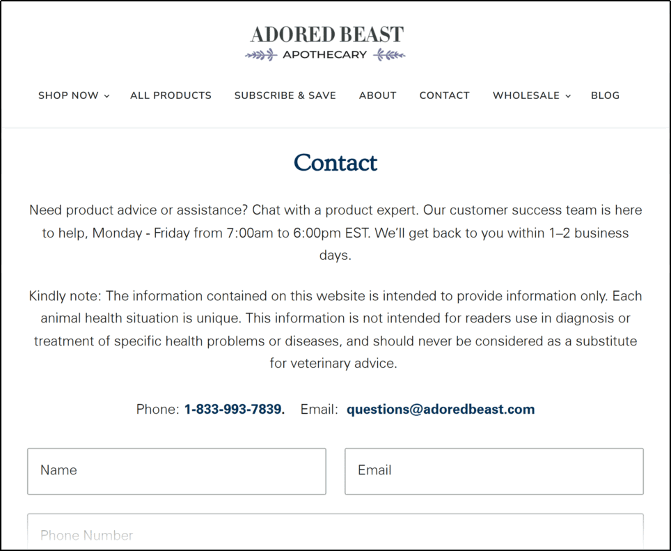 Trustworthiness example: Adored Beast Apothecary contact page showing transparency with phone number, email, and clear disclaimer about veterinary advice
