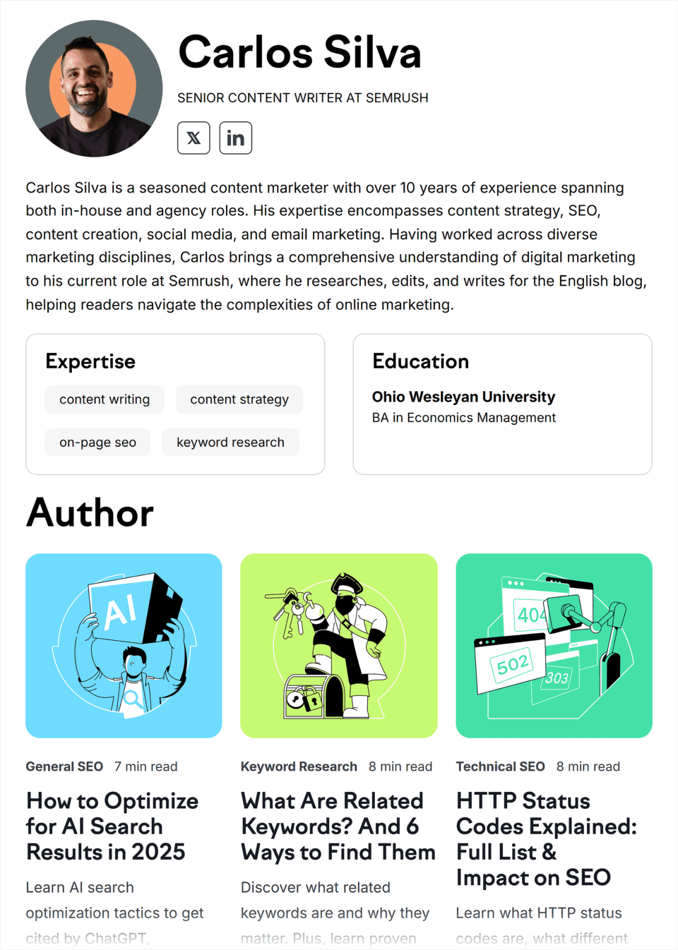Professional author bio example from Semrush showing Carlos Silva, Senior Content Writer, with expertise credentials, education, and published articles