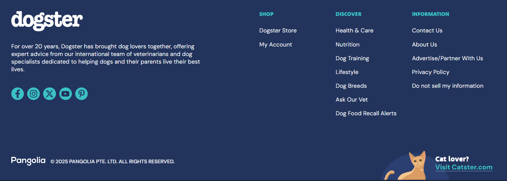 Dogster website footer showing transparency and trustworthiness with team information, veterinary expertise statement, and 20+ years of experience