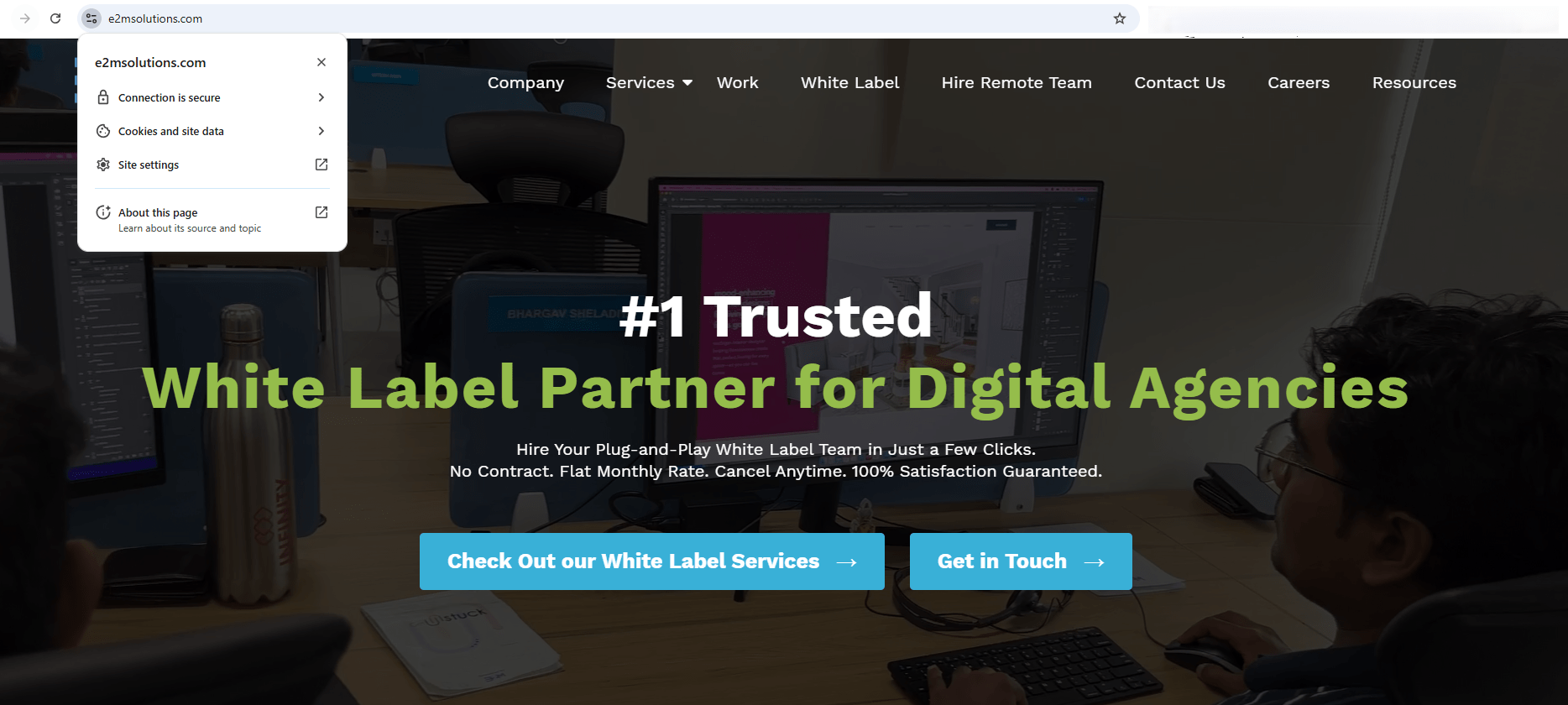 Browser security indicator showing HTTPS padlock icon for e2msolutions.com, demonstrating website trustworthiness and secure connection