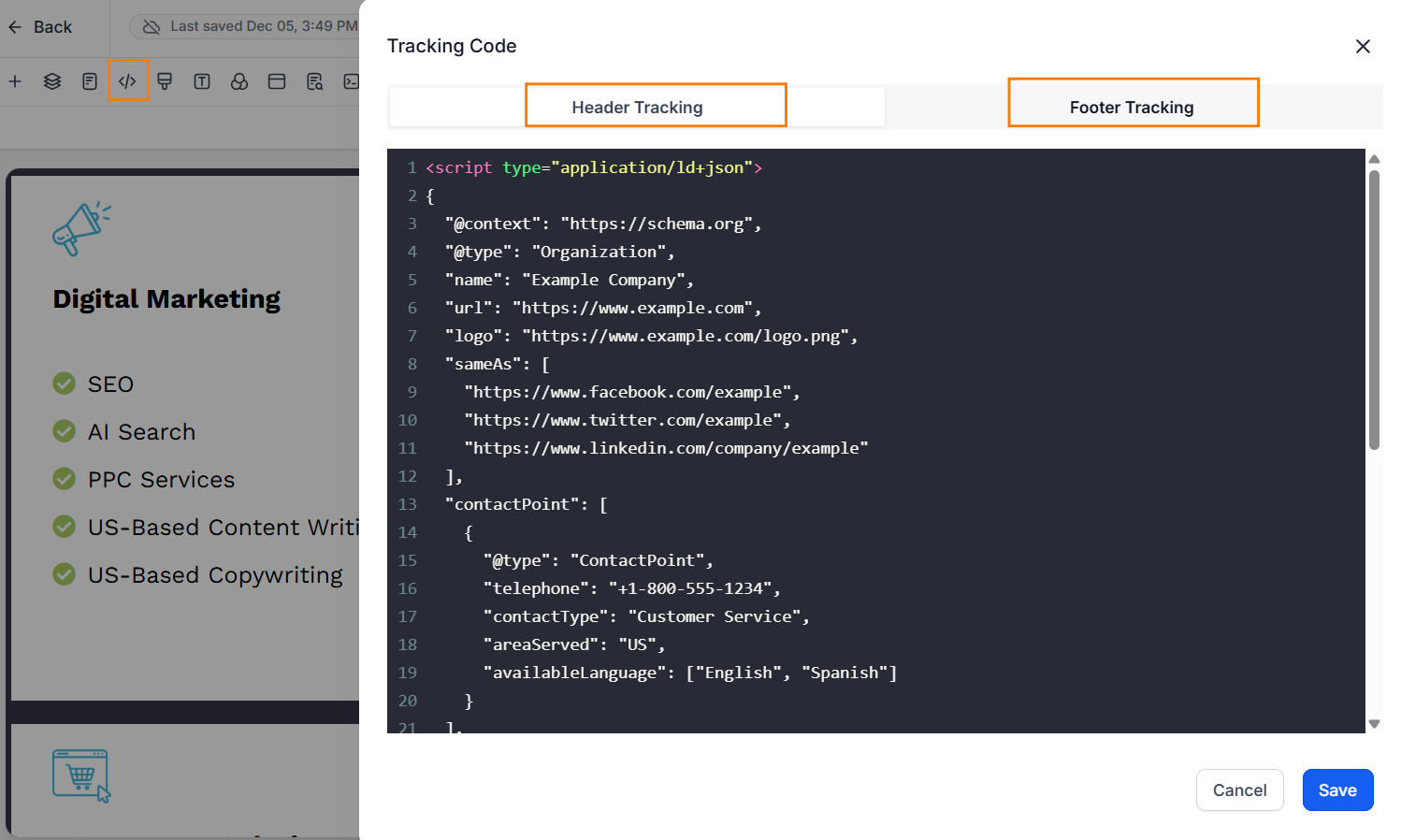 How to add schema markup JSON-LD code in GoHighLevel header tracking settings
