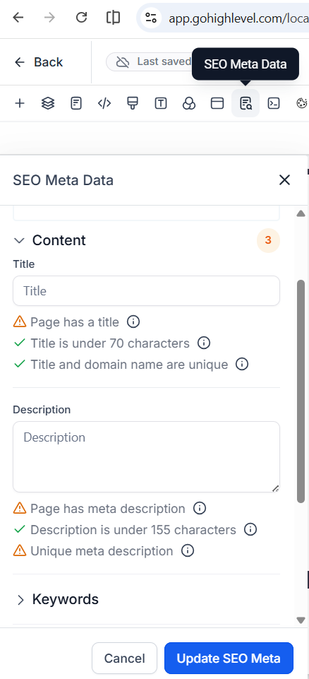 oHighLevel SEO meta data editor showing title and description fields