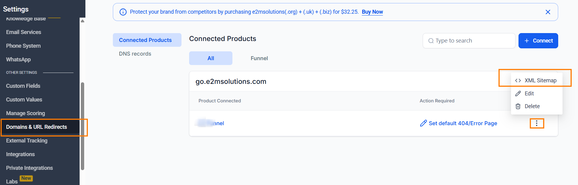 Accessing XML sitemap generator in GoHighLevel domains and URL redirects settings